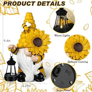 Suzile 2 pack outdoor garden bee gnome decor with solar lights summer sunflower gnomes statue outside figurine for courtyard lawn patio porch decoration housewarming gift  urban country home decor