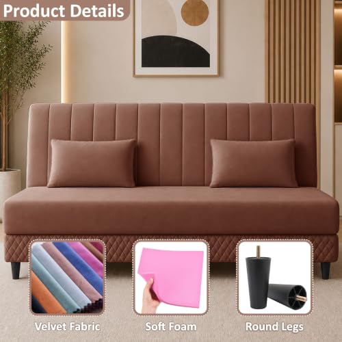 Image of Rosebell Modern 3 Seater Velvet Sofa Cum Bed with Cushion | Premium Upholstered Fabric | Tufted Backrest | Wooden Legs | Living Room Furniture | Brown