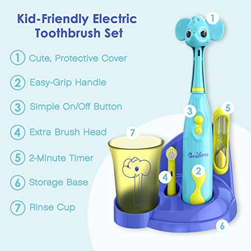 Brusheez® Kids’ Electric Toothbrush Set - Safe & Effective for Ages 3+ Parent Tested Approved with Gentle Bristles, 2 Brush Heads, Rinse Cup, 2-Minute Timer, Storage Base (Ollie The Elephant)