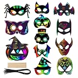 Mizijia 12 Stücke Halloween Kratzbilder Set für Kinder DIY Basteln, Magische Regenbogen Scratch Karten mit 12 Holzstiften & Bändern - Ideal für Halloween Party, Kindergarten & Kindergeburtstag