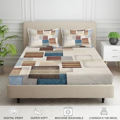Image of Signature Digital Print Geometric Designs Super King Size Bedsheet - 108 x 108 inches | 100% Cotton-Feel Soft Fabric | Fade-Resistant Colors | 2 Matching Pillow Covers (Heritage Grid)