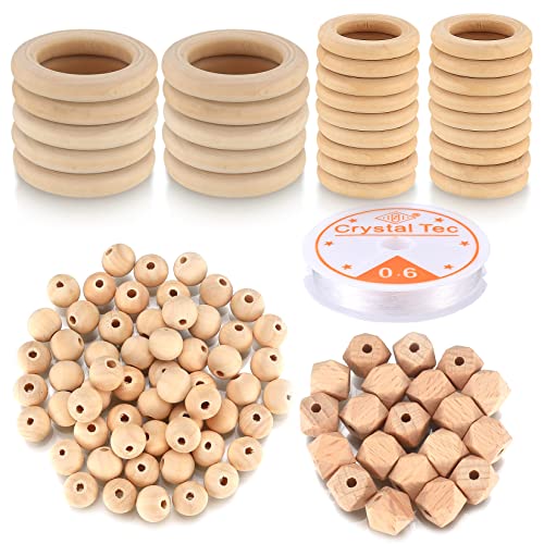 110 Pièces Perles de Bois et Anneaux en Bois Naturel, comprenant 30 x Cercles Anneaux Bois Macramé de 35 mm/50 mm 60 x Boules en Bois, 20 x Perles Octogonales Bois, 1 Fil élastique de 0,6 mm Cover