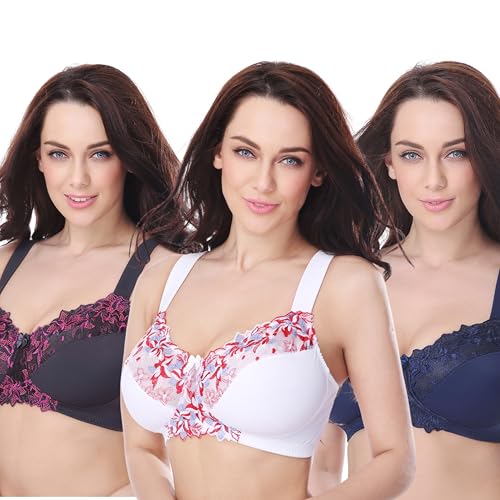 Image of Curve Muse Plus Size Minimizer Unlined Wireless Bra with Lace Embroidery-3Pack