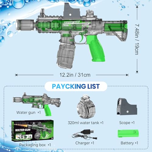 Miniatura 2 de Pistola De Agua Eléctrica Automática Con Efecto Fuego Led Y Visor, Lanzador De Agua 320ml Con Alcance 8m, Juguete De Exterior Para Piscina Y Jardín, Regalo De Verano Para Niños Y Adultos Gris