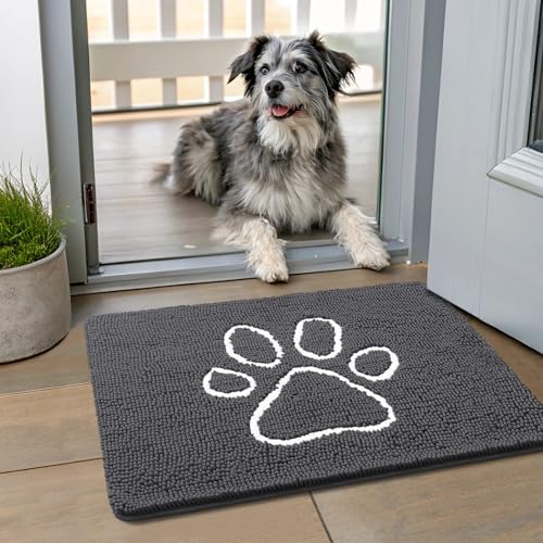 Image of Smiry Dog Door Mat for Muddy Paws, Absorbent Dirt Trapper Non Slip Quick Dry Washable Chenille Mat for Mud Dogs, Entry Rug for Indoor and Outdoor (24x16 Inches, Dark Grey and White)