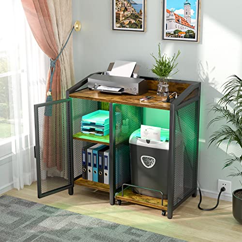 Unikito 3-Tier Large Printer Stand With Storage And Led Light, Filing Cabinet With Printer Desk And Power Outlet For Home Office, 3D Printer Table On Shredder Wheels And Adjustable Shelf, Rustic Brown #TOP5