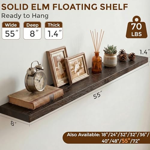 Image of Dreamland 55 Inch Floating Shelves for Wall, Solid Elm Wood Wall Shelves for Living Room, Bedroom, Kitchen, Bathroom, Wall Mounted Long Floating Shelf Set of 1, Walnut