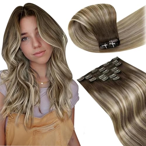 Image of LaaVoo Clip In Hair Extensions Real Human Hair, For Date Night, 16 Inch | Dark Brown Transition To Light Brown Blonde Balayage, 120g 7pcs, Clip On Extensions Human Hair, Smooth, Natural Shine
