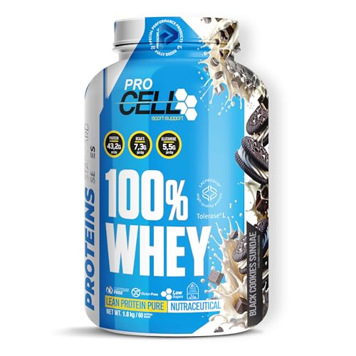 ProCell Proteína Whey 1,8Kg 100% Proteína de Suero Concentrada (Black Cookies) Con BCAA y Glutamina, Sin Gluten, Sin Lactosa y Bajo en Azúcares (60 Servicios)