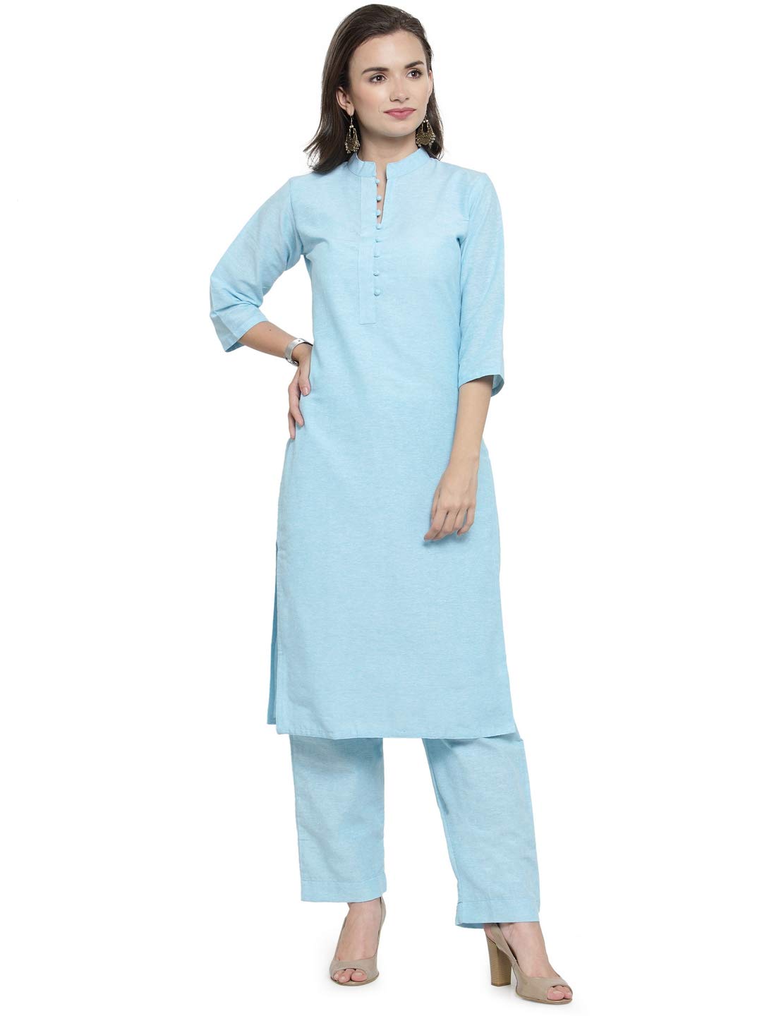 Sky Blue Solid Collar Cotton Kurti with Culotte-image-48