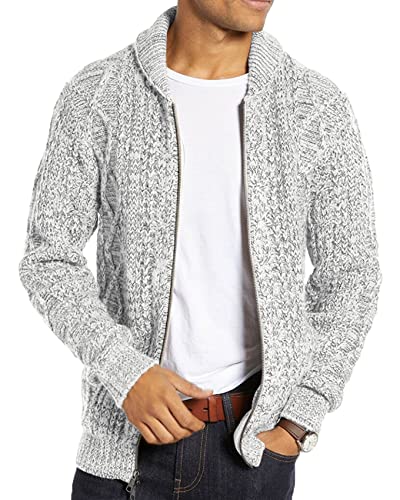 Ryannology Mens Shawl Neck Cardigan Sweater Cable Knit Zip Up Closure with Pockets Winter Jacket Outerwear (Medium, Light Grey)