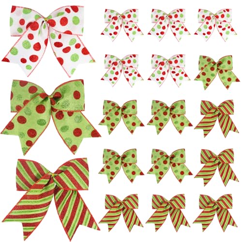 MACTING 18PCS Red Green Christmas Bows 6 Inch Large Christmas Tree Bows for Wreaths Garland Gift Wrapping Christmas Dot Bows Ribbon Ornaments for Holiday Party Crafts Xmas Decorations