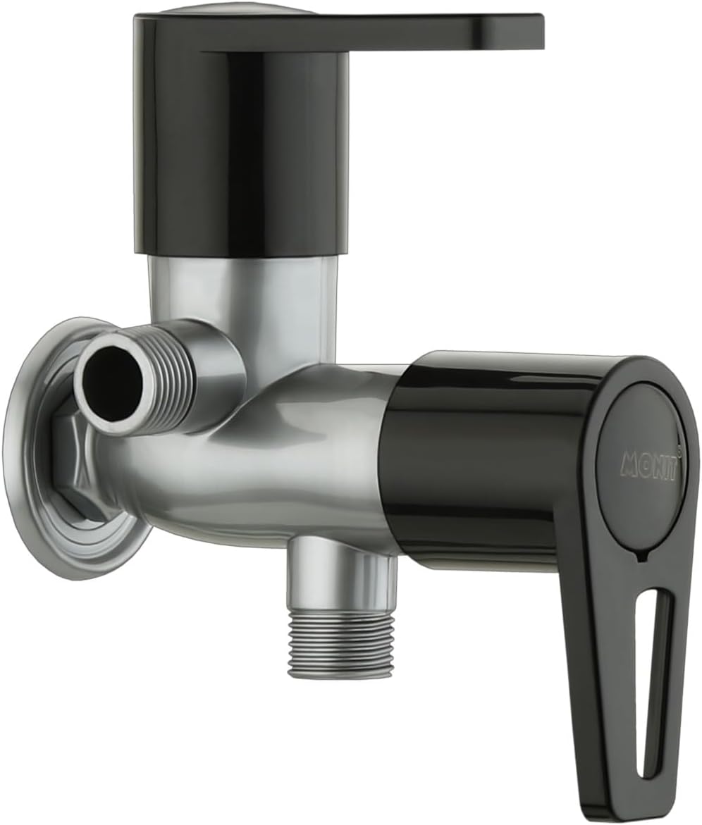 PTMT Plastic 2 Way Angle Water Tap (White 1/2 Inch Thread) Pack of 1 - Polished (Metallic) with Teflon taps