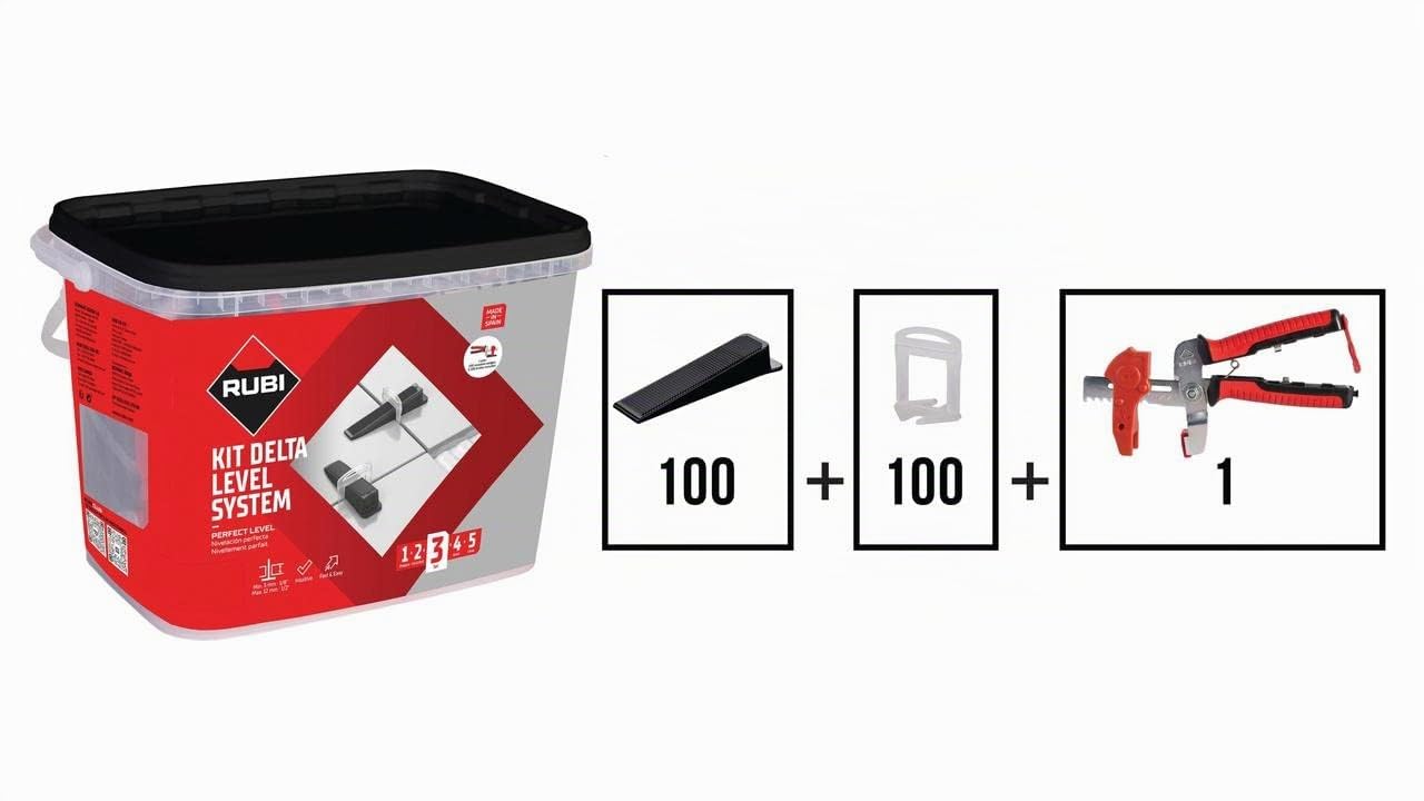 RUBI 3956 | Kit Delta Level System 1 mm (3-12 mm) | L'ensemble comprend: 1 pince, 100 brides et 100 cales de nivellement réutilisables | Système de pose en céramique grand format
