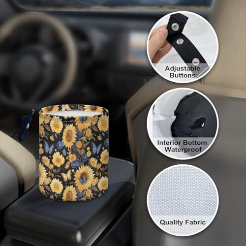 Image of Butterfly Sunflower Car Trash Bin Hanging, Waste Basket - Cute, Portable, Collapsible, Waterproof Rubbish Bag for Back Seat, Floor, or Hanging Headrest