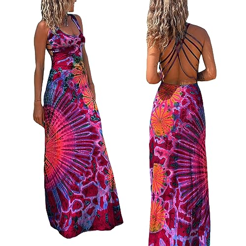Image of Women Sexy Backless Maxi Dress Y2k Tie-Dye Print U-Neck Sleeveless Fashion Cross Backless Party Dress