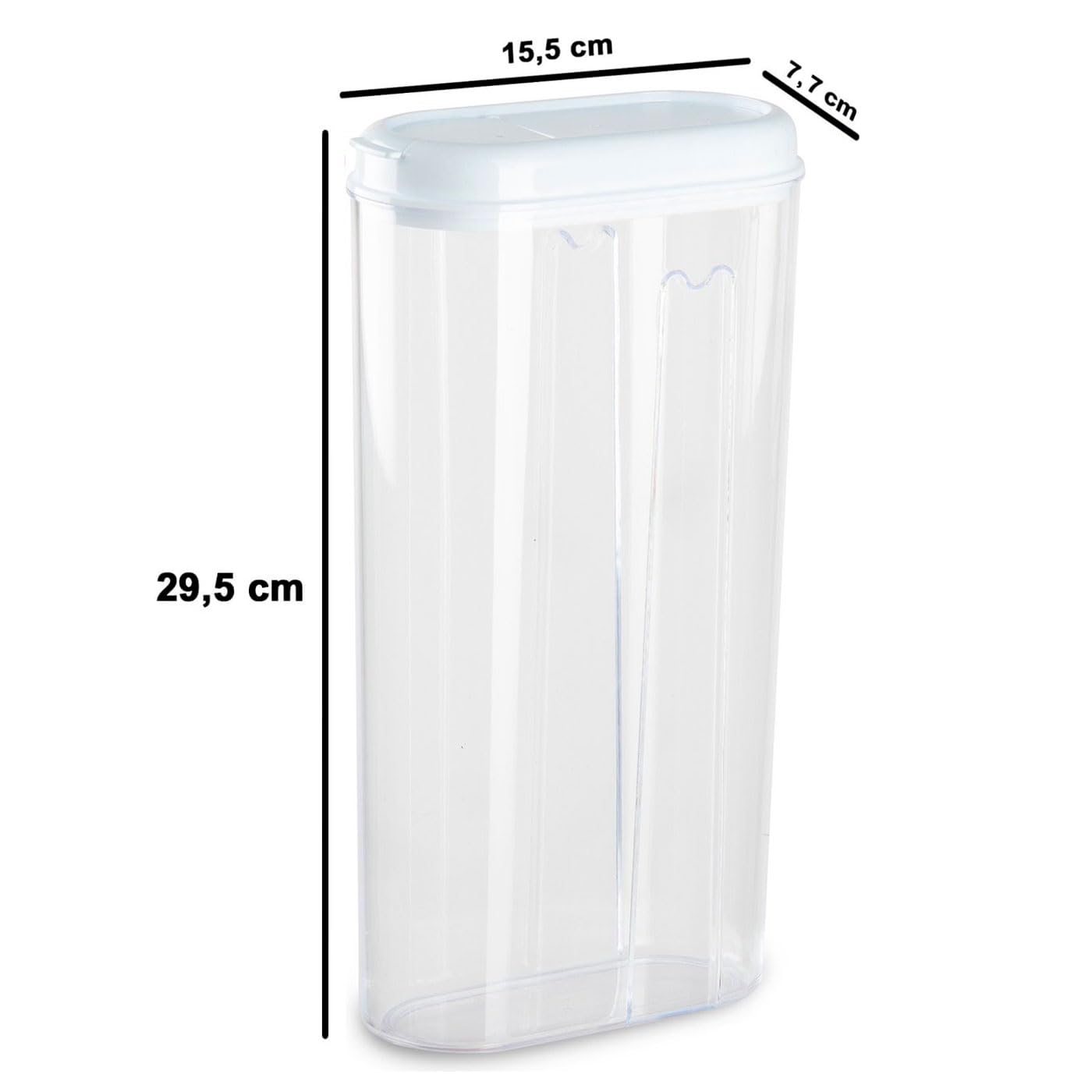 Acan Tradineur - Pack de 6 recipientes Reutilizables de plástico con Tapa, Modelo Totem, Bote, almacenaje, Pasta, Cereales, Fabricado en España (Tapa Blanca - 2,35 litros - 29,5 x 15,5 x 7,7 cm)