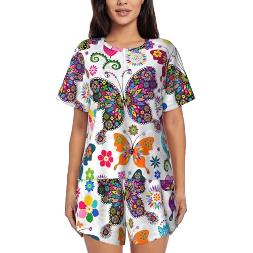 Ensemble pyjama court femme vêtement de nuit décontracté imprimé papillon short à poches