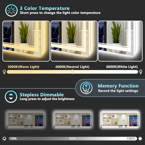 Image of 88x38 LED Bathroom Mirror with Lights, Backlit and Front Lit Anti-Fog Lighted Vanity Mirrors for Bathroom Wall, Dimmable, 3-Color Light, Memory, Shatter-Proof, HD Tempered Glass, CRI>90