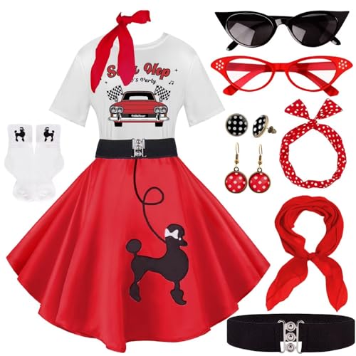 10Pcs Sock Hop Outfits Costume Women 1950s Poodle Skirts Poodle T-Shirt with 50s Accessories Set Scarf Headband Belt Socks Eyeglasses Earrings (SockHop-Red-M)