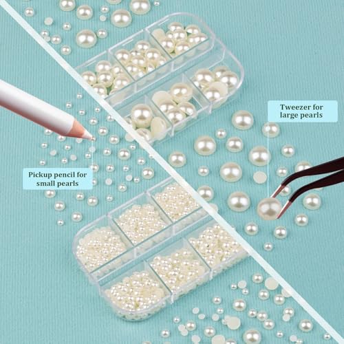 Image of 4 Boxes Flatback Pearls for Crafting, Flatback Beige Half Round Pearls 3-10mm with Pickup Pencil and Tweezer for Home DIY and Professional Nail Art, Face Makeup and Craft
