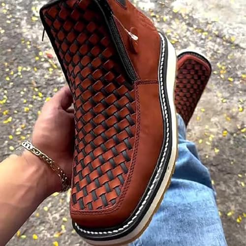 Zenfaze Handcrafted Western Cowboy Boots, Men's Square Toe Leather Double Zipper Hand-Woven Cowboy Boot with Double Side Zipper4