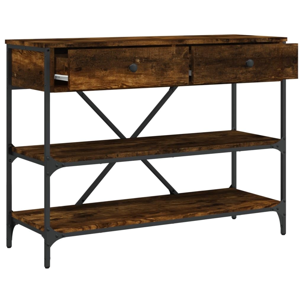 Mesa consola clásica de madera con estructura de acero, 2 cajones y estantes para almacenamiento, mesa auxiliar para salón y pasillo