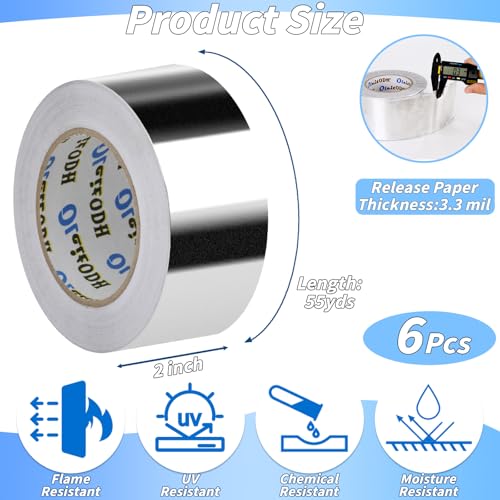 Image of Oleitodh 6 Pack Aluminum Foil Tape Bulk - 2 Inch x 55 Yards - 3.3mil Heavy Duty Metal Duct Tape, Aluminum HVAC Tape for Sealing & Patching, Air Ducts, Insulation Metal Repair, Professional Grade