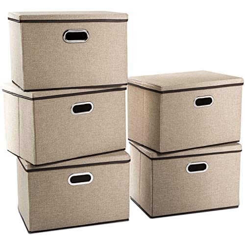 Image of PRANDOM Extra Large Collapsible Storage Bins with Lids [5-Pack] Linen Fabric Foldable Storage Baskets Boxes Organizer Containers Cube with Cover for Bedroom Closet Office Nursery (22.8x15.75x13.8)