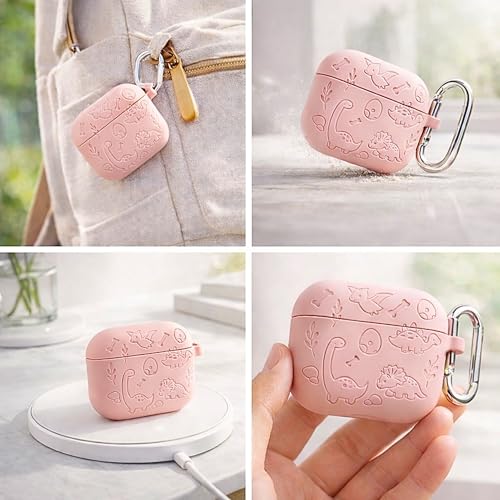 Image of Emoh Roced Case for Airpod 4 with Keychain,Silicone Dinosaur Engraved Cases Compatible with Apple AirPods 4th Generation 2024, Anti-Scratch, Protective Case Cover (Pink, for AirPods 4)