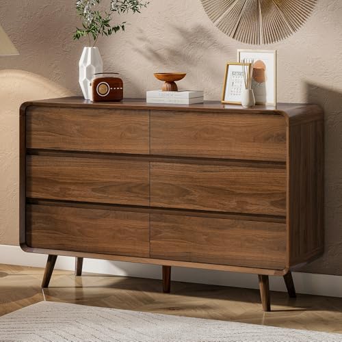 Image of Nasonet 6 Drawer Dresser for Bedroom, 47'' Wide Mid Century Modern Dresser with Solid Wood Legs, Walnut Chest of Drawers Dresser TV Stand for Bedroom