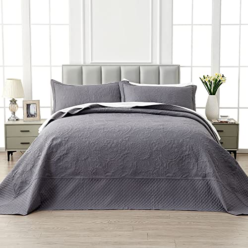 Image of Qucover California King Bedspreads 128x120, Soft Microfiber Ultrasonic Lightweight Dark Grey Oversized King Quilt, 3 Piece Reversible Paisley Pattern Cal King Quilt Set, Grey
