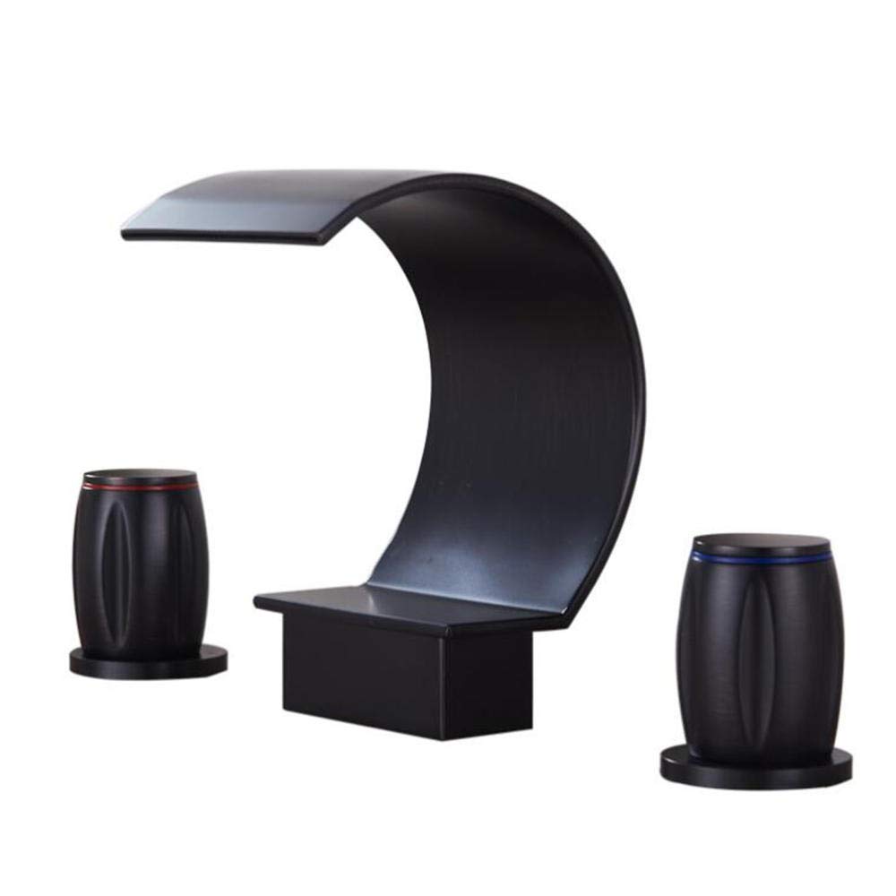 Robinet lavabo 3 trous cascade eau chaude et froide en cuivre noir
