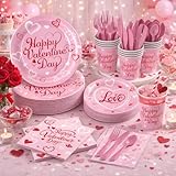 128Pcs Valentine’s Day Paper Plates Sets Accessories - Heart & Love Disposable Dinnerware with Pink Paper Plates Napkins Cups for Valentines Day Party Supply Outdoor Decorations