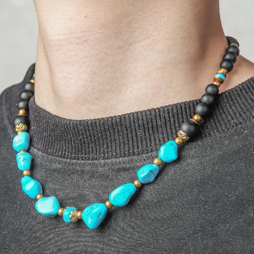 Beaded Necklace for Men,Handmade Men Turquoise Beaded Choker,Natural Wood Bead Necklaces Africa Wooden Chain Statement Unisex Strand Necklaces Hip Hop Beach Jewelry3
