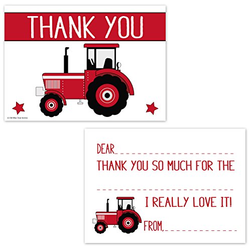 Old Blue Door Invites Red Tractor Fill in Thank You Cards for Boys - Kids Birthday Party Thanks (20 Count with Envelopes)