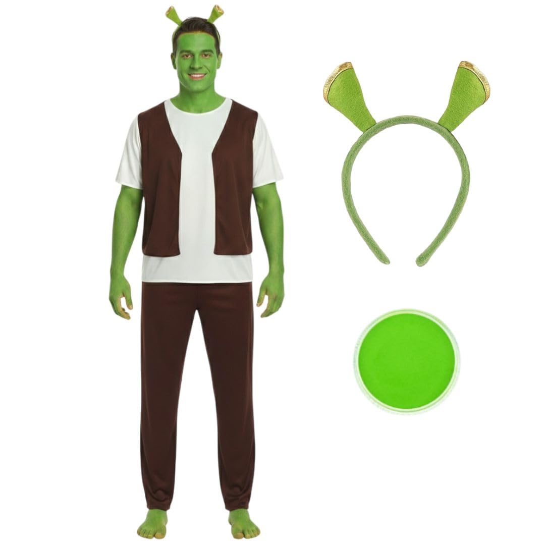 Ensemble de princesse Ogre – Perruque tressée rouge, bandeau oreilles d'ogre, diadème réglable et peinture pour visage vert – Kit d'accessoires de conte de fées pour adulte pour Halloween, cosplay et