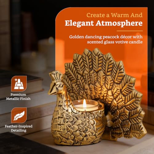Image of Amazon Brand - Solimo Metal Gold Dancing Peacock with Scented Glass Votive Candle | Decorative Showpiece for Home & Puja | Table Decor | Diwali Gift & Festive Decoration (18.5 cm)