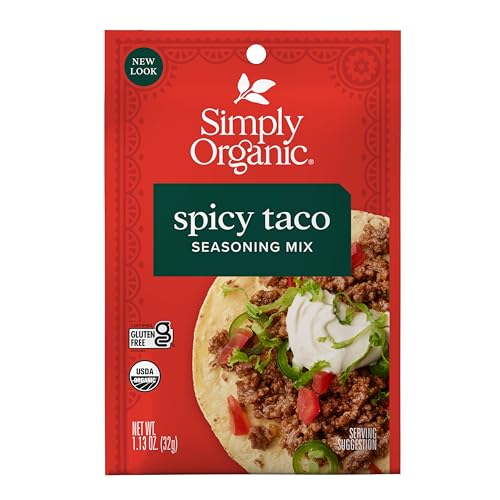 Image of Simply Organic Spicy Taco Seasoning Mix, Gluten Free, Certified Organic, Kosher, Vegan, Vegetarian, Pure Flavor for Tacos, Stir-Fries, Mexican Dishes, and More | 1.13 Ounce (Pack of 12)
