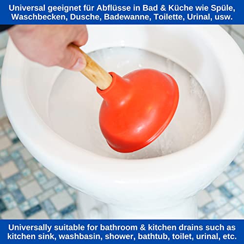 Universal Pömpel, Ø 130 mm Durchmesser Saugglocke für Spüle, Waschbecken, Toilette, Urinal, Dusche, Badewanne, Über - und Unterdruck Abflussreiniger mit 36 cm Holzstiel, Verstopfungslöser Bad Küche