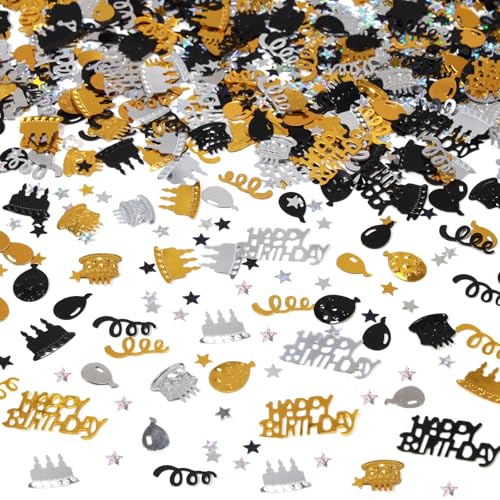 Image of Gold and Black Happy Birthday Confetti, 3000 Pcs Birthday Cake Table Metallic Foil Confetti Party Table Decor for Party, Baby Shower, DIY Arts and Crafting