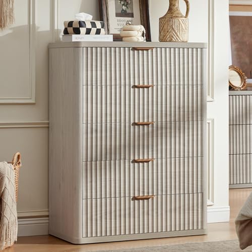 Image of LEYAOYAO Fluted 5 Drawers Dresser for Bedroom, 41 inch Tall Modern Chest of Drawers with Metal Handle, Curved Profile Farmhouse Closet Organizer Wood Dressers TV Stand for Living Room, Hallway, Lightgrey