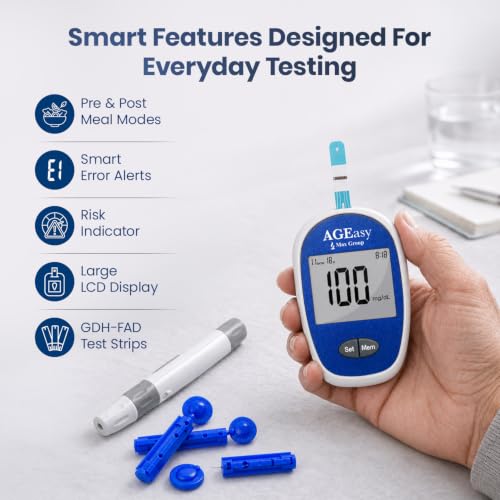 Image of AGEasy (Max Group) Blood Glucose Monitor with 50 Strips | Accurate & Fast Diabetes Testing Kit | Large LCD Display, Easy to Use, Portable | Stores upto 800 Readings | One touch operation Glucometer
