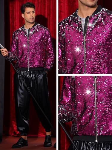 Image of Lars Amadeus Sequin Varsity Jacket for Men's Zipper Party Disco Flip-Sequin Shiny Bomber Jackets