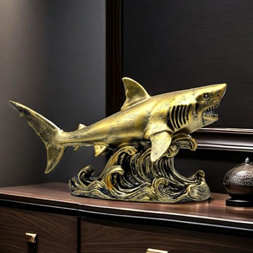 XINDAM Bronze Finish Shark Figurine Gold Statue Decorative Home &