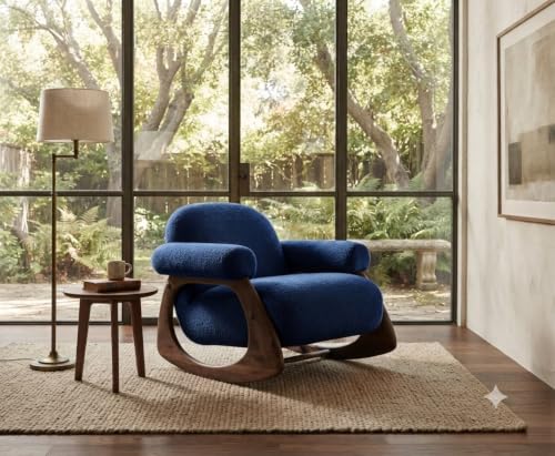 Image of CRAFTCITY Sheesham Wood Elegant Chair /Living Room Chair /Rose Wood Rocking Chair,Pre-Assembled (Blue, Rocking Chair Without Footrest)
