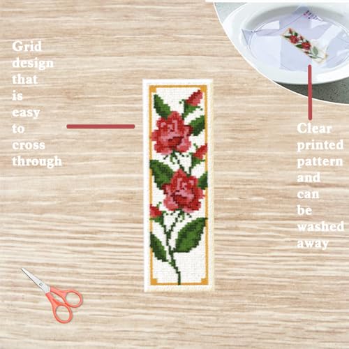 Image of FREEBLOSS 6 Set Bookmark Cross Stitch Kits Stitch Bookmark Cross Stitch Kits with Instructions 6 Flowers Pattern Embroidery Kit for Beginners Bookmark Making Kit for Gift