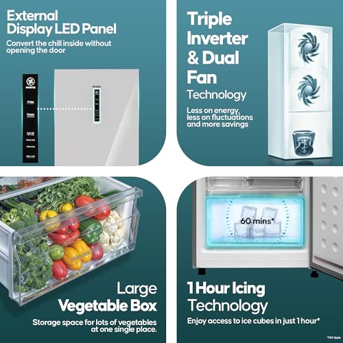 Image of Haier 325L 3 Star Frost Free Bottom Mount Refrigerator|Premium Mirror Glass|Convertible 14-in-1|Jhukna Mat-Bottom Freezer|Digital Display|Triple Inverter|Twist Ice Maker (HRB-3753PMG-P, Mirror Glass)