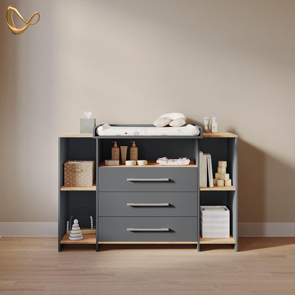 Livinity Commode à Langer Torino, Anthracite/chêne doré, avec 3 tiroirs