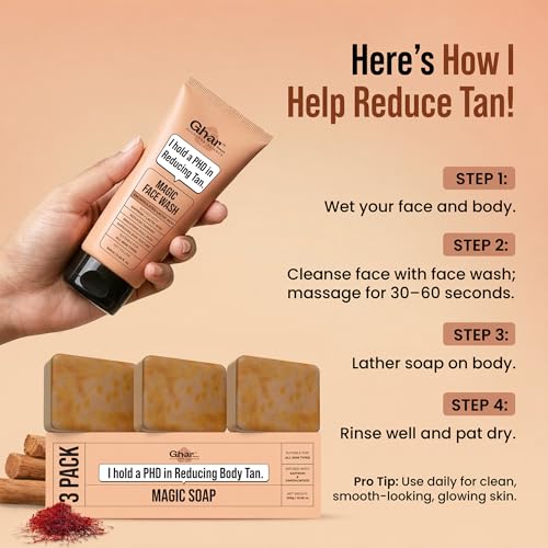 Image of Ghar Soaps Magic De-Tan Face Wash & Sandalwood Saffron Bath Soap Combo Pack of 3 | With Sandalwood, Saffron & Glutathione | Tan Removal, Skin Brightening & Glowing Skin | Handmade & Paraben-Free | For Men & Women